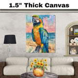 Colorful Parrot Watercolor Painting with Tropical Beach and Ocean Sunset Background on Ready to Hang 1.5" Thick Canvas Wrap, Floating Framed Canvas, Flat Rolled Canvas