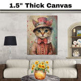 Graceful Affection: Cat in an Elegant European Pink Dress and Hat with a Heartfelt Touch Romantic Classic Painting on Ready to Hang 1.5" Thick Canvas Wrap, Floating Framed Canvas, Flat Rolled Canvas