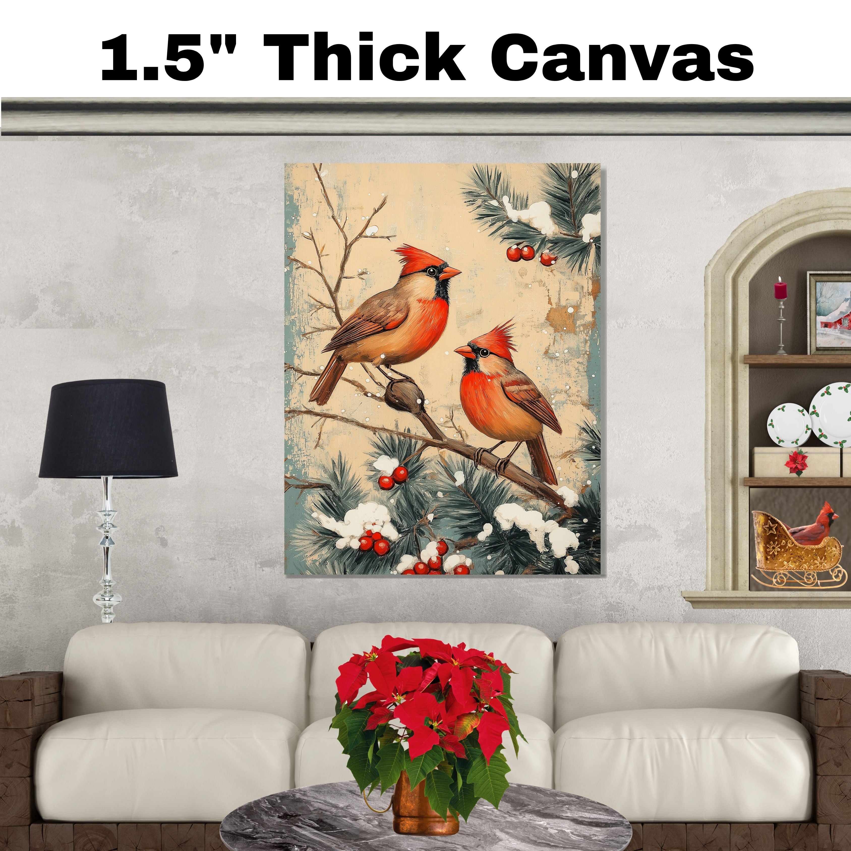 Charming Retro Style Painting of Two Cardinals on Snowy Branches with Pine and Red Berries Perfect for Christmas Decoration or Winter Nature Themed Gift on Ready to Hang 1.5" Thick Canvas Wrap, Floating Framed Canvas, Flat Rolled Canvas