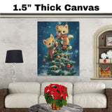Two Baby Foxes in Scarves Holding Cocoa on Christmas Tree Surrounded by Ornaments and Lights in Winter Night Scene Holiday Art Print for Cozy Decor on Ready to Hang 1.5" Thick Canvas Wrap, Floating Framed Canvas, Flat Rolled Canvas