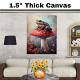 Toad Wall Art Featuring a Woodland Toad Resting on a Red Mushroom Fantasy Autumn Scene with Whimsical Forest Vibes Perfect for Nature and Cottagecore Décor on Ready to Hang 1.5" Thick Canvas Wrap, Floating Framed Canvas, Flat Rolled Canvas