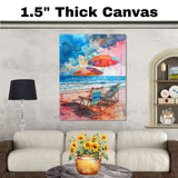Watercolor Painting of Multicolored Beach Chairs and Umbrellas by the Ocean on Ready to Hang 1.5" Thick Canvas Wrap, Floating Framed Canvas, Flat Rolled Canvas