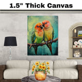 Vibrant Parrot Pair Artwork Featuring Orange Green and Yellow Plumage with Blue Highlights on a Branch Against an Abstract Teal and Textured Background on Ready to Hang 1.5" Thick Canvas Wrap, Floating Framed Canvas, Flat Rolled Canvas