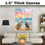 Two Colorful Pelicans on Sandy Beach with Gentle Ocean Waves and Sunset Sky in Vibrant Watercolor Illustration on Ready to Hang 1.5" Thick Canvas Wrap, Floating Framed Canvas, Flat Rolled Canvas