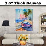 Retro Car Watercolor Painting Driving on Beach Road with Palm Trees and Colorful Ocean Sunset on Ready to Hang 1.5" Thick Canvas Wrap, Floating Framed Canvas, Flat Rolled Canvas