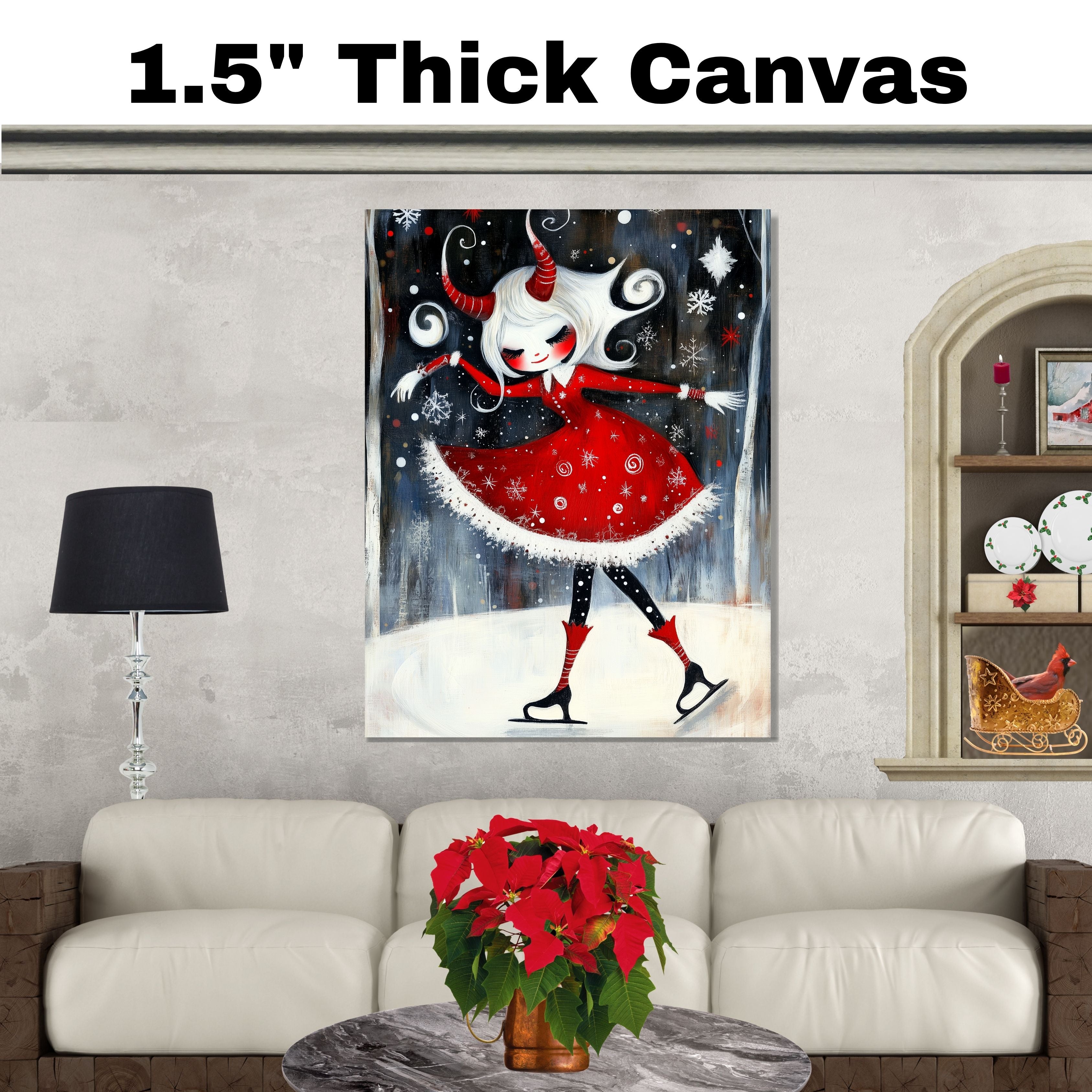 Whimsical Christmas Devil Girl Ice Skating in Red Winter Dress with White Hair and Twisted Horns Cute Fantasy Holiday Art Print or Canvas for Gothic Decor on Ready to Hang 1.5" Thick Canvas Wrap, Floating Framed Canvas, Flat Rolled Canvas