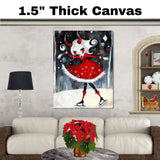 Whimsical Christmas Devil Girl Ice Skating in Red Winter Dress with White Hair and Twisted Horns Cute Fantasy Holiday Art Print or Canvas for Gothic Decor on Ready to Hang 1.5" Thick Canvas Wrap, Floating Framed Canvas, Flat Rolled Canvas