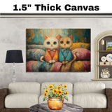 Painting of Two Cute Kittens Sitting Side by Side in Colorful Pajamas with Big Eyes and Soft Fur on a Cozy Bed Surrounded by Pastel Colors and Whimsical Textures on Ready to Hang 1.5" Thick Canvas Wrap, Floating Framed Canvas, Flat Rolled Canvas