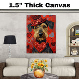 Heartfelt Charm: Airedale Dog in a Stylish Red Hat Surrounded by Love - Endearing Valentine's Painting on Ready to Hang 1.5" Thick Canvas Wrap, Floating Framed Canvas, Flat Rolled Canvas
