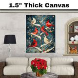 Retro Style Painting of Red and Cream Cardinals in a Snowy Tree with Golden Ornaments and Holly Accents Perfect for Christmas Decor or Winter Bird Lovers on Ready to Hang 1.5" Thick Canvas Wrap, Floating Framed Canvas, Flat Rolled Canvas