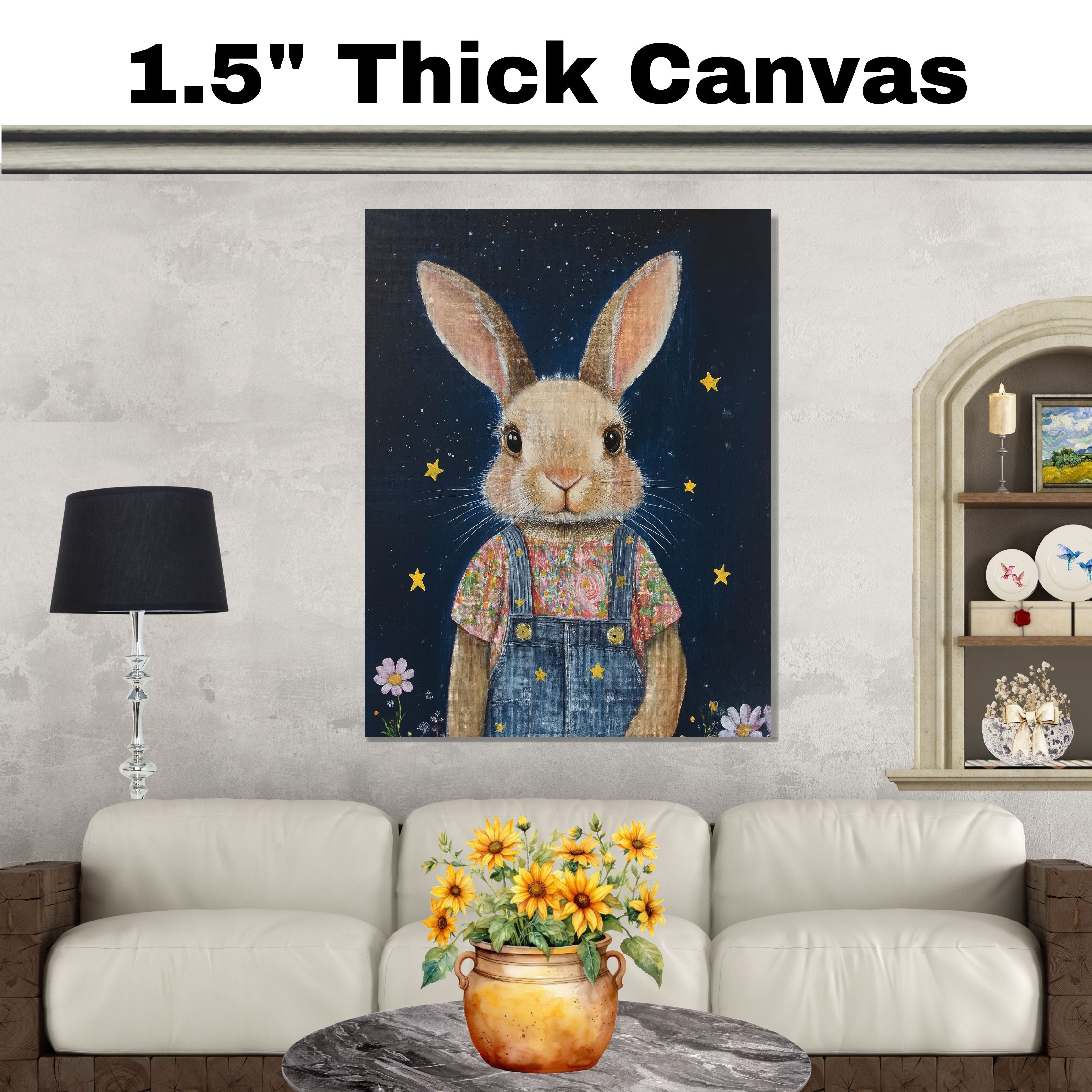 Cute Bunny in Overalls with Floral Shirt Hand Painted Art Whimsical Starry Night Scene Perfect for Home Wall Decor Nursery Kids Room Bedroom or Gift on Ready to Hang 1.5" Thick Canvas Wrap, Floating Framed Canvas, Flat Rolled Canvas