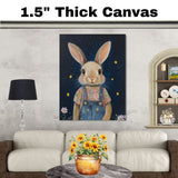 Cute Bunny in Overalls with Floral Shirt Hand Painted Art Whimsical Starry Night Scene Perfect for Home Wall Decor Nursery Kids Room Bedroom or Gift on Ready to Hang 1.5" Thick Canvas Wrap, Floating Framed Canvas, Flat Rolled Canvas