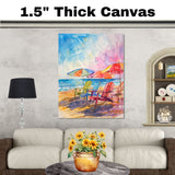 Colorful Watercolor Beach Chairs & Umbrellas Painting – Coastal Ocean Scene on Ready to Hang 1.5" Thick Canvas Wrap, Floating Framed Canvas, Flat Rolled Canvas