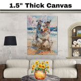 Watercolor Painting of a Fluffy Dog Running on the Beach with Splashes of Sand and Ocean Waves under a Pastel Sunset Sky on Ready to Hang 1.5" Thick Canvas Wrap, Floating Framed Canvas, Flat Rolled Canvas