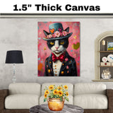 Regal Charm: Tuxedo Cat in a Flowery Hat and Elegant European Suit - Distinguished Classic Painting on Ready to Hang 1.5" Thick Canvas Wrap, Floating Framed Canvas, Flat Rolled Canvas