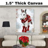 Whimsical Christmas Donkey Ice Skating in Red Snowflake Scarf Canvas or Holiday Wall Art Print on Ready to Hang 1.5" Thick Canvas Wrap, Floating Framed Canvas, Flat Rolled Canvas