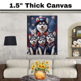 Stars & Paws: Siberian Husky Mom with Three Puppies in a Patriotic Scene - Heartfelt American-Themed Painting on Ready to Hang 1.5" Thick Canvas Wrap, Floating Framed Canvas, Flat Rolled Canvas