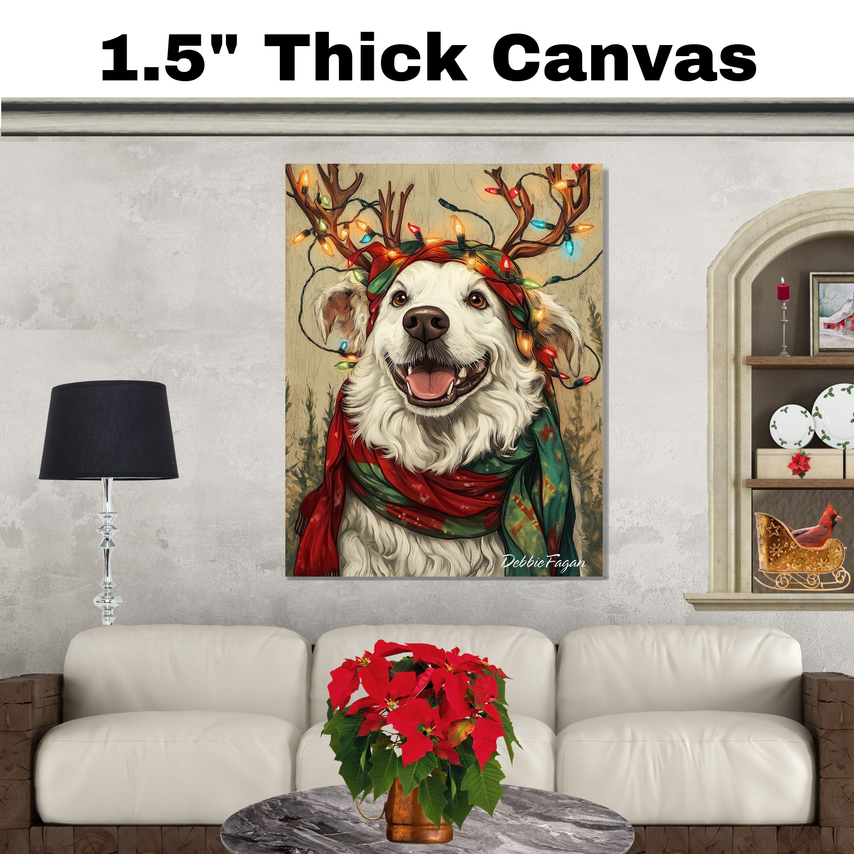 Holiday Joy - 'Winter Wonderland' - Dog with Christmas Lights & Scarf on Rustic Canvas, Ready to Hang 1.5" Thick Canvas Wrap, Floating Framed Canvas, Flat Rolled Canvas