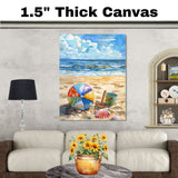 Watercolor Beach Scene with Colorful Ball Green Bucket Shells and Wooden Shovel on Sandy Shore with Waves and Sky on Ready to Hang 1.5" Thick Canvas Wrap, Floating Framed Canvas, Flat Rolled Canvas