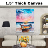 Watercolor Painting of Colorful Wooden Rowboat on Sandy Beach with Sunset Reflections and Dramatic Sky over the Ocean on Ready to Hang 1.5" Thick Canvas Wrap, Floating Framed Canvas, Flat Rolled Canvas