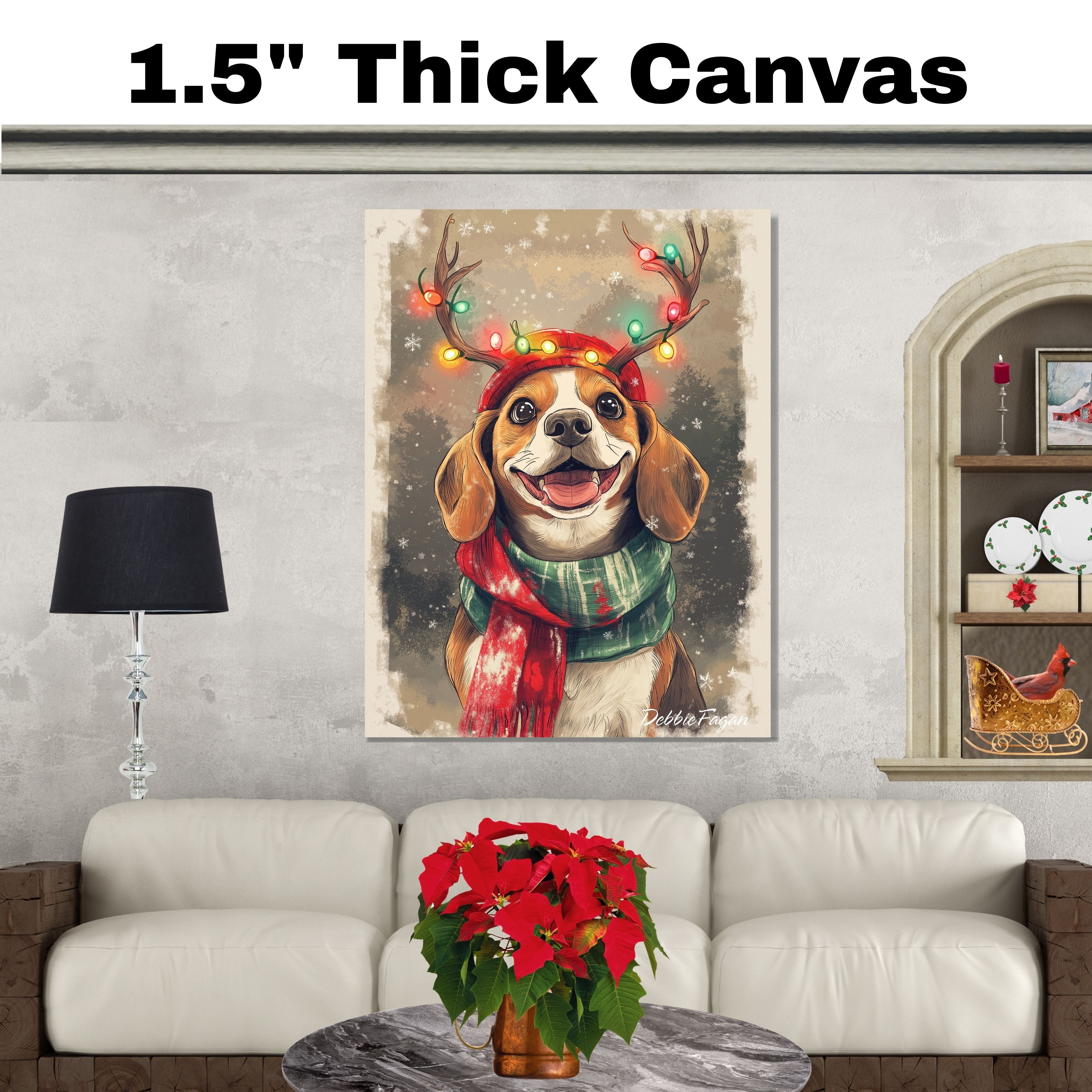 Beagle Winter Wonderland - 'Forest Festivities' - Beagle Dog with Christmas Lights & Scarf in Snowy Forest, Ready to Hang 1.5" Thick Canvas Wrap, Floating Framed Canvas, Flat Rolled Canvas