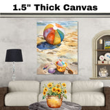 Watercolor Painting of a Colorful Beach Ball with Bucket Shells and Shovel on Sandy Shore Beside Ocean Waves on Ready to Hang 1.5" Thick Canvas Wrap, Floating Framed Canvas, Flat Rolled Canvas
