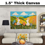 Whimsical Easter Bunnies with Colorful Eggs and Rolling Hills – Folk Art Spring Wall Decor Print on Ready to Hang 1.5" Thick Canvas Wrap, Floating Framed Canvas, Flat Rolled Canvas