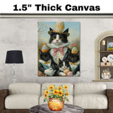 Easter Blessings: Tuxedo Cat Mom Carrying Three Kittens in a Basket with Colorful Eggs - Whimsical Holiday Painting on Ready to Hang 1.5" Thick Canvas Wrap, Floating Framed Canvas, Flat Rolled Canvas