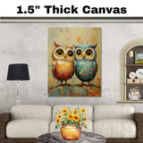 Vibrant Painting of Two Cute Owls with Big Eyes and Floral Patterns Sitting on a Branch in a Whimsical Textured Style on Ready to Hang 1.5" Thick Canvas Wrap, Floating Framed Canvas, Flat Rolled Canvas