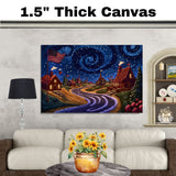 Whimsical 4th of July Village Under Swirling Starry Sky with Glowing Cottages, American Flags, and Winding Road in a Cozy Patriotic Nighttime Scene on Ready to Hang 1.5" Thick Canvas Wrap, Floating Framed Canvas, Flat Rolled Canvas