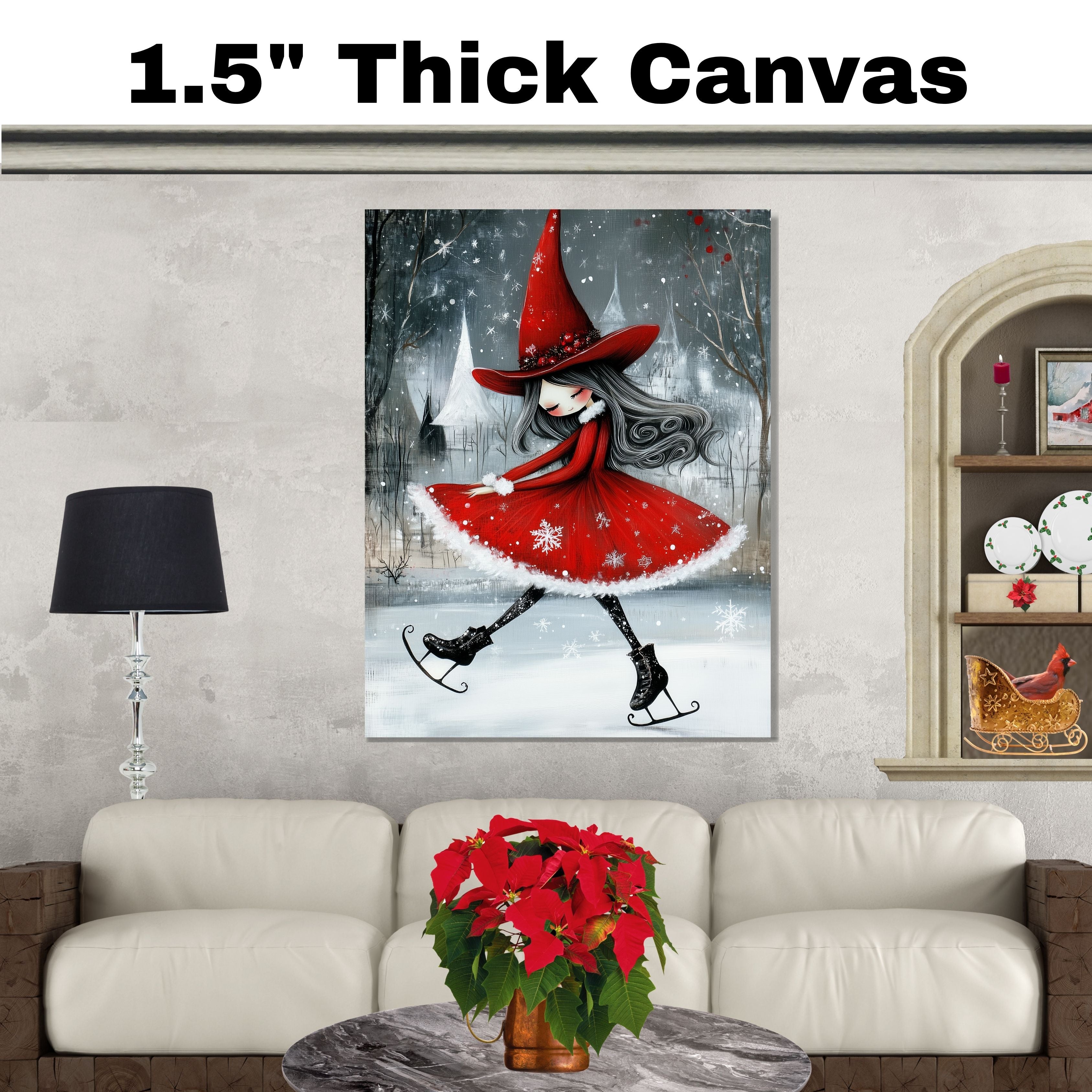 Whimsical Christmas Witch Ice Skating Art Print – Red Holiday Dress, Gothic Winter Magic Illustration, Enchanted Seasonal Wall Decor for Wiccan or Fairycore Vibes on Ready to Hang 1.5" Thick Canvas Wrap, Floating Framed Canvas, Flat Rolled Canvas