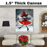 Whimsical Christmas Witch Ice Skating Art Print – Red Holiday Dress, Gothic Winter Magic Illustration, Enchanted Seasonal Wall Decor for Wiccan or Fairycore Vibes on Ready to Hang 1.5" Thick Canvas Wrap, Floating Framed Canvas, Flat Rolled Canvas