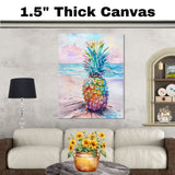 Colorful Pineapple Watercolor Painting with Tropical Beach and Ocean Background on Ready to Hang 1.5" Thick Canvas Wrap, Floating Framed Canvas, Flat Rolled Canvas