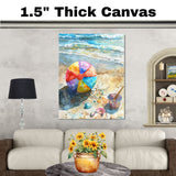 Watercolor Painting of Beach Ball and Seashells on Shoreline with Gentle Waves and Sunlit Sand for Coastal Summer Vibes on Ready to Hang 1.5" Thick Canvas Wrap, Floating Framed Canvas, Flat Rolled Canvas