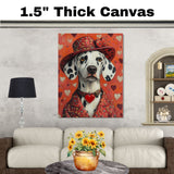 Timeless Love: Dalmatian in a Pink Heart-Accented Suit and Victorian-Style European Hat Romantic Classic Painting on Ready to Hang 1.5" Thick Canvas Wrap, Floating Framed Canvas, Flat Rolled Canvas