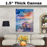 Watercolor Painting of a Multicolored Snail with Spiral Shell Crawling on Beach at Sunset with Ocean and Dramatic Sky on Ready to Hang 1.5" Thick Canvas Wrap, Floating Framed Canvas, Flat Rolled Canvas