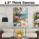 Watercolor Flamingos by Tropical Shoreline with Palm Leaves and Ocean Waves in Coastal Beach Art Print on Ready to Hang 1.5" Thick Canvas Wrap, Floating Framed Canvas, Flat Rolled Canvas