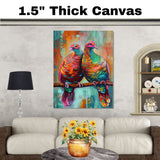 Vibrant Pair of Colorful Birds on Branch with Iridescent Feathers in Abstract Artistic Background Perfect for Nature Lovers and Bold Wildlife Art Enthusiasts on Ready to Hang 1.5" Thick Canvas Wrap, Floating Framed Canvas, Flat Rolled Canvas