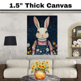 Whimsical White Bunny in Floral Overalls Hand Painted Art Dreamy Starry Night Scene Perfect for Nursery Kids Room Home Wall Decor Bedroom or Gift on Ready to Hang 1.5" Thick Canvas Wrap, Floating Framed Canvas, Flat Rolled Canvas