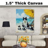 Seaside Whiskers: Tuxedo Cat Mom and Three Kittens Under a Beach Umbrella on Ready to Hang 1.5" Thick Canvas Wrap, Floating Framed Canvas, Flat Rolled Canvas