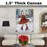Whimsical Christmas Wall Art of Ice-Skating Cougar in Red Dress Gliding Through a Snowy Woodland Scene – Holiday Decor for Winter Charm and Animal Lovers on Ready to Hang 1.5" Thick Canvas Wrap, Floating Framed Canvas, Flat Rolled Canvas