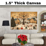 Whimsical Christmas Folk Art Scene with Decorated Tree, Snowy Village, Carolers, and Festive Holiday Celebrations on Ready to Hang 1.5" Thick Canvas Wrap, Floating Framed Canvas, Flat Rolled Canvas
