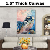 Close-Up Watercolor Sea Turtle Portrait with Blue and Pink Abstract Ocean Sky Background in Coastal Marine Art Print on Ready to Hang 1.5" Thick Canvas Wrap, Floating Framed Canvas, Flat Rolled Canvas