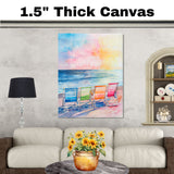 Watercolor Painting of Rainbow Colored Beach Chairs on a Peaceful Shoreline Overlooking a Vibrant Ocean Sunset Sky on Ready to Hang 1.5" Thick Canvas Wrap, Floating Framed Canvas, Flat Rolled Canvas