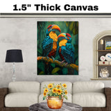 Colorful Toucan Pair Artwork Featuring Bright Beaks and Blue Plumage Perched in Lush Tropical Jungle with Rich Green Foliage and Bold Exotic Bird Details on Ready to Hang 1.5" Thick Canvas Wrap, Floating Framed Canvas, Flat Rolled Canvas