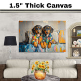 Painting of Two Cute Dachshund Puppies in Colorful Pajamas Sitting on a Bed with Big Eyes and Floppy Ears in a Whimsical Cozy Setting with Playful Brush Strokes on Ready to Hang 1.5" Thick Canvas Wrap, Floating Framed Canvas, Flat Rolled Canvas
