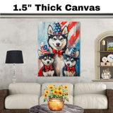 Patriotic Paws: Siberian Husky Mom with Two Puppies Under the Stars & Stripes - Proud American-Themed Painting on Ready to Hang 1.5" Thick Canvas Wrap, Floating Framed Canvas, Flat Rolled Canvas