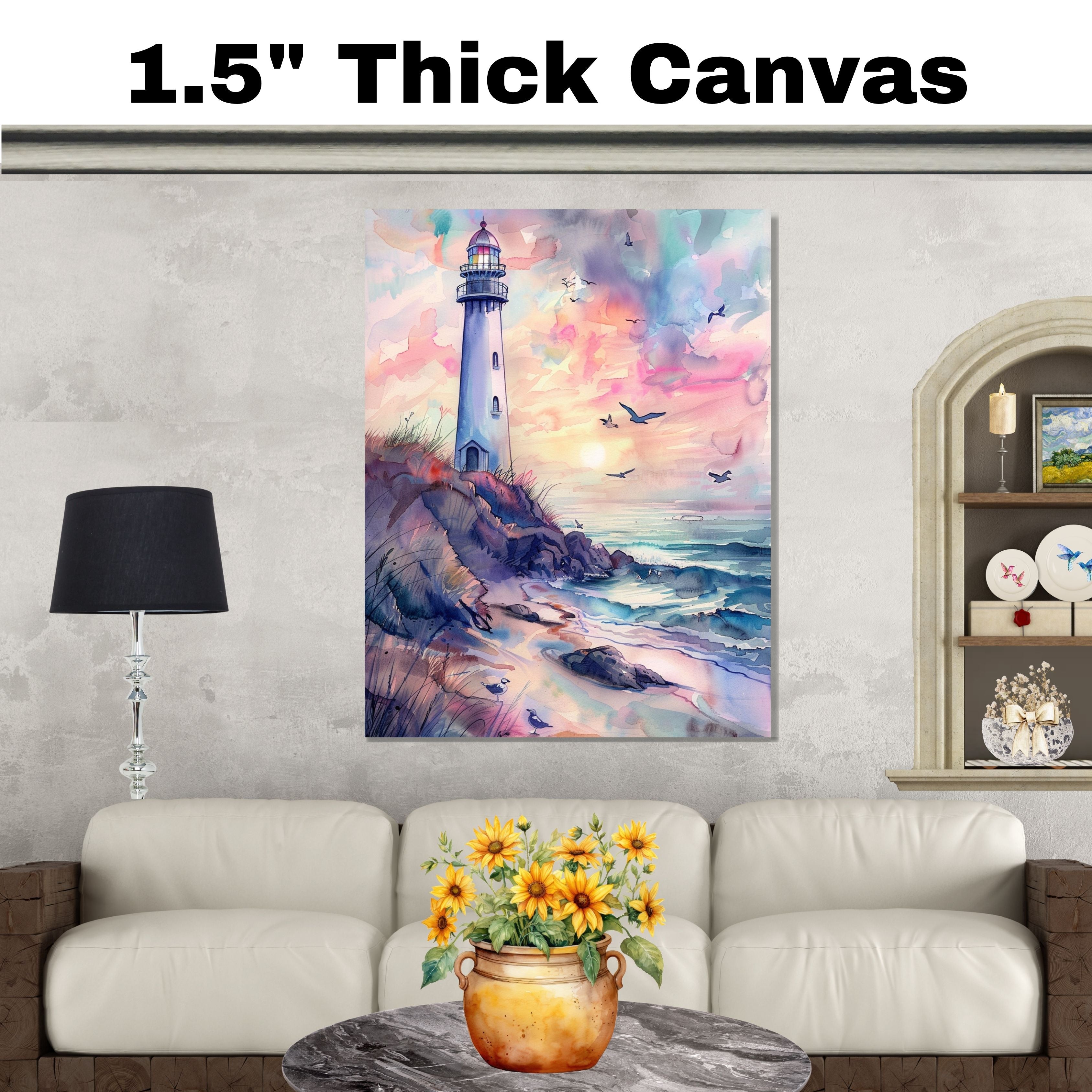 Elegant Lighthouse on Coastal Cliff with Pastel Sunset Sky and Ocean Waves in Soothing Watercolor Seaside Painting on Ready to Hang 1.5" Thick Canvas Wrap, Floating Framed Canvas, Flat Rolled Canvas