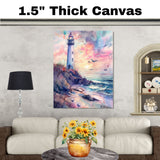 Elegant Lighthouse on Coastal Cliff with Pastel Sunset Sky and Ocean Waves in Soothing Watercolor Seaside Painting on Ready to Hang 1.5" Thick Canvas Wrap, Floating Framed Canvas, Flat Rolled Canvas