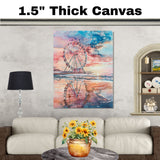 Watercolor Painting of a Ferris Wheel on a Beach Pier with Sunset Reflections in Ocean Water and Pastel Sky Tones on Ready to Hang 1.5" Thick Canvas Wrap, Floating Framed Canvas, Flat Rolled Canvas